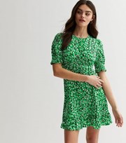 New Look Green Animal Print Frill Shirred Mini Dress